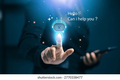 AI chatbot assistant concept with virtual interface and help icon. Customer support automation, artificial intelligence service, online chat system and smart digital assistant technology.