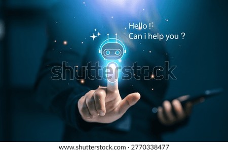 AI chatbot assistant concept with virtual interface and help icon. Customer support automation, artificial intelligence service, online chat system and smart digital assistant technology.