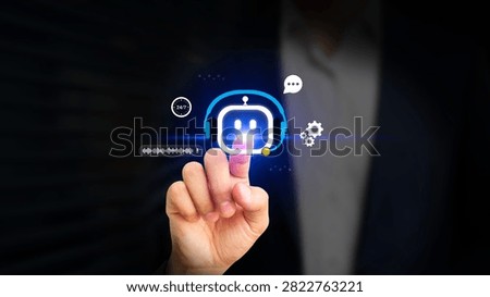AI Chatbot Assistant and Digital Customer Service Concept. Businessman Using AI for Customer Support and Feedback, Voice Chat, 247 Automated Support, Helpdesk, Virtual Assistant, Business Automation.