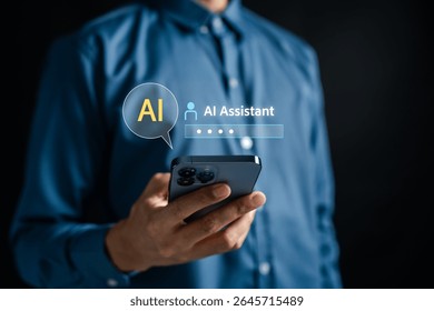 AI chatbot assistant technology on smartphone. Smart communication tool for digital interaction, virtual conversation, and automated customer support systems.