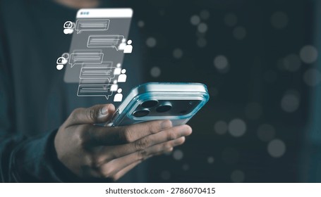 AI chatbot communication and artificial intelligence technology concept with virtual messaging interface on smartphone, machine learning automation, digital assistant smart customer support system.