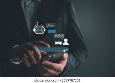 AI chatbot concept with businessman using smartphone, symbolizing smart customer support, automated communication and artificial intelligence in mobile digital service platforms.