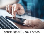 AI Chatbot conversation assistant. Person using online customer service with chatbot to get support. AI automatic answering machine. Artificial intelligence, customer support center, CONTACT US