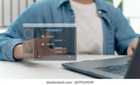AI chatbot customer feedback and support concept. Person using futuristic virtual screen with digital comments and responses. Artificial intelligence in business communication and online service.