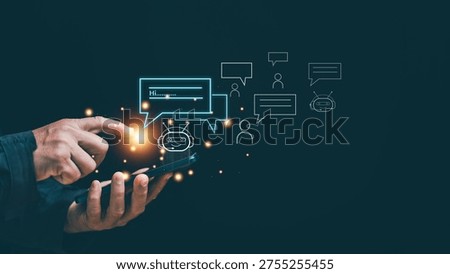 AI chatbot customer support concept. Digital ai chat interface on smartphone in human hands. conversational AI, automated customer service, online communication and intelligent support technology.