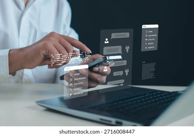 AI chatbot and digital communication interface with businessman using smartphone over laptop, virtual assistant messaging, customer support automation, data processing and smart business technology.
