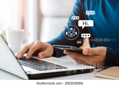 AI Chatbot intelligent digital customer service application concept, computer mobile application uses artificial intelligence chatbots automatically respond online messages to help customers instantly - Shutterstock ID 2002028306