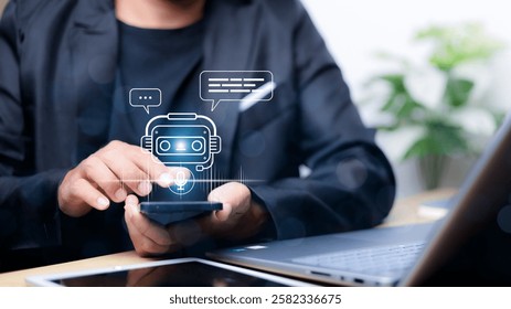 AI Chatbot intelligent digital customer service application concept, Artificial intelligence technology automatically responds to online messages to help customers instantly. - Powered by Shutterstock - Get 15% off with code: PIKWIZARD15