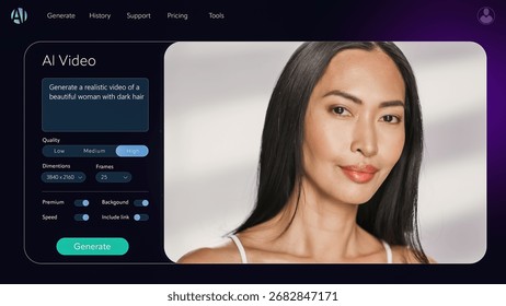 AI Chatbot Interface Generating a Video with a Beautiful Asian Woman Posing, Smiling, Looking at Camera. Wellness and Skincare Concept on Isolated Background. Text to Video Software Concept