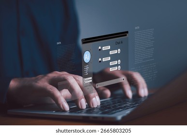 AI chatbot interface on a digital screen above a laptop representing artificial intelligence conversation natural language processing and virtual assistant technology for business and personal use.