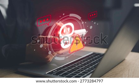 AI chatbot risk and warning concept with glowing alert icon on mobile device. Artificial intelligence errors, communication issues, technology threats, and cybersecurity problems in digital systems.
