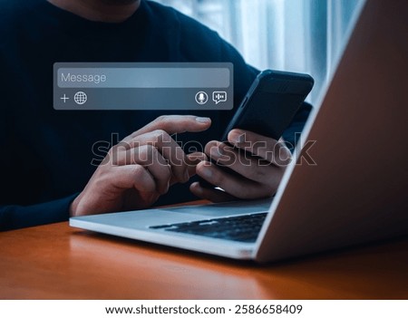 AI chatbot, search engine optimization tools, SEO online technology concept. Conversation message box for generate text, image, or audio prompt, appear while businessman use app on smart mobile phone.