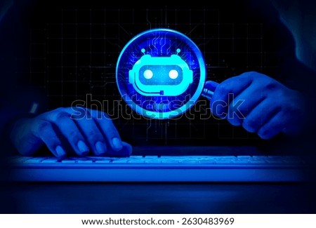 AI chatbot, search optimization tools, online technology concept. Blue glowing robot icon with circuit in magnifying glass lens holding by businessman while typing keyboard computer on table.