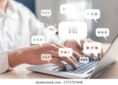 AI Chatbot Smart Digital Customer Service Application Concept. Computer Or Mobile Device Application Using Artificial Intelligence Chat Bot Automatic Reply Online Message To Help Customers Instantly.