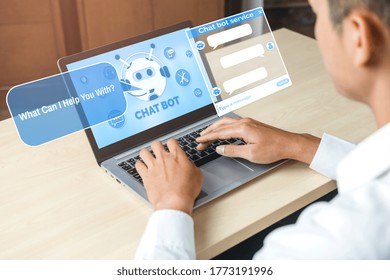 AI Chatbot Smart Digital Customer Service Application Concept. Computer Or Mobile Device Application Using Artificial Intelligence Chat Bot Automatic Reply Online Message To Help Customers Instantly.