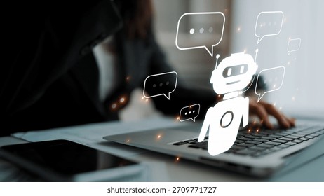 AI chatbot virtual assistant interacting with users through AI conversation bubbles, symbolizing AI automation, smart communication, and AI digital artificial intelligence help support Marrow
