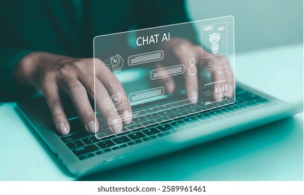 AI chatbots with virtual assistant tools and icons representing business, technology, and customer support, while also generating content and communicating through on-screen chat boxes.