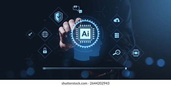 AI chip with digital icons representing automation, business processes and future technology, styled in modern interface on a dark blue background