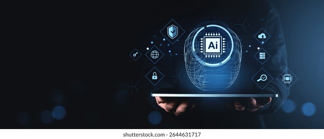AI chip and futuristic digital icons floating above tablet held by person, glowing blue tech design on dark background, concept of artificial intelligence