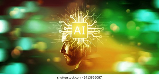 AI chip on corporate businessman head: Artificial Intelligence, big data and technology concept
