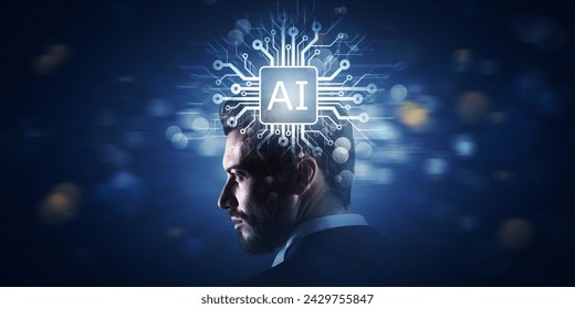 AI chip on corporate businessman head: Artificial Intelligence, big data and technology concept