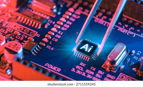 Ai Chips, AI microprocessor, Artificial intelligent memory computer processor on circuit board concept.