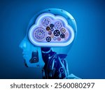 AI cloud computing infrastructure technology, digital data system storage service concept. Workflow gears and cogwheels in thinking management brain, cloud shape, in robot head on blue background.