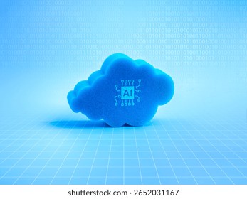 AI cloud computing infrastructure technology, digital data system storage service concept. AI chip icon on 3d cloud with binary code hologram and network grid pattern on blue background, minimalist.