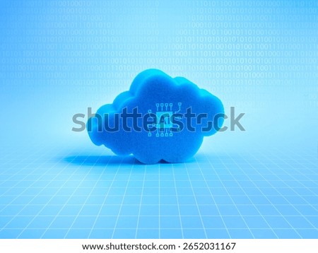 AI cloud computing infrastructure technology, digital data system storage service concept. AI chip icon on 3d cloud with binary code hologram and network grid pattern on blue background, minimalist.