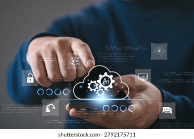 AI cloud computing on smartphone with automation gears, data processing interface and digital transformation icons. Artificial intelligence, cloud technology, data analytics, smart system integration.