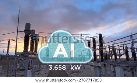 AI cloud icon data above electrical substation at sunset. Smart grid energy monitoring