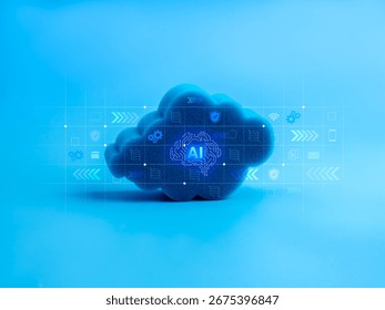 AI cloud infrastructure technology concept with digital transformation, security icons on network. Artificial intelligence computing, big data, machine learning, cloud storage, and future innovation.