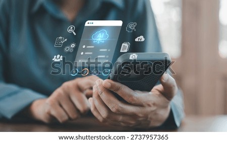 AI cloud interface featuring CRM, SEO strategy, and data analysis icons for mobile management concept, Business person hand using smartphone, Customer Relationship Management, Business automation