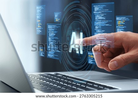 AI code generation and analysis. Software debugging and automated code review. Businessman touching generative AI coding and source code icons on laptop computer keyboard.