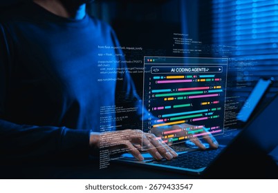AI coding agents for software development concept. Programmer use laptop with code and AI assistant represent artificial intelligence, AI programming, software developer tools, Machine Learning Code,
