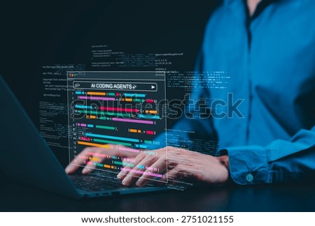 AI coding agents for software development concept. Programmer use laptop with code and AI assistant represent artificial intelligence, AI programming, software developer tools, Machine Learning Code,
