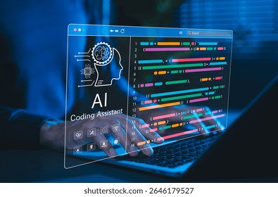 AI coding assistant and programming support. Programmer use laptop with AI coding assistant and colorful program code, representing artificial intelligence in software development and code generation.