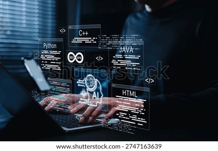 AI coding assistant and programming support. Programmer use laptop with AI coding assistant and colorful program code, representing artificial intelligence in software development and code generation.