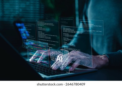 AI coding assistant for software development concept. Machine Learning Code, Programmer use laptop with code and AI brain represent artificial intelligence, AI programming, software development tools,