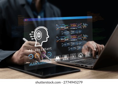 AI Coding Assistant and Software Development Concept, Businessman Using Tablet to Analyze Code, Debug Errors, Optimize Programming Workflow, Machine Learning, Digital Data Management, Modern digital