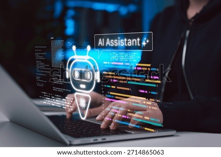 AI coding assistant for software development concept. Developer or programmer using artificial intelligence chatbot tool for programming, automation and smart code generation support. AI agents,