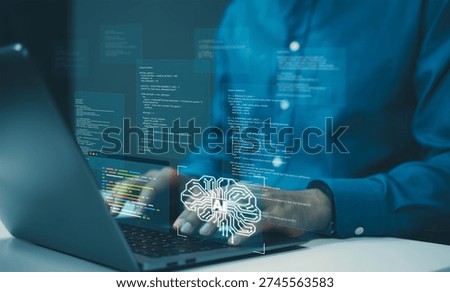 AI coding assistant for software development concept. Programmer use laptop with code and AI brain represent artificial intelligence, AI programming, machine learning code, software development tools.