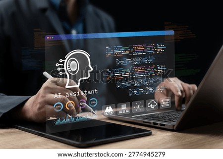 AI Coding Assistant and Software Development Concept, Businessman Using Tablet to Analyze Code, Debug Errors, Optimize Programming Workflow, Machine Learning, Digital Data Management, Modern digital