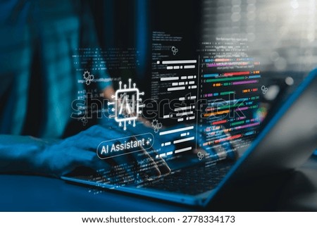 AI coding assistant for software development concept. Machine Learning Code, Programmer use laptop with code and AI chip represents artificial intelligence, AI programming, software development tools,