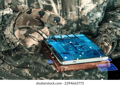 AI Command of the military forces on the tablet computer with augmented reality. Internet, Programming control with artificial intelligence, online coordination of the military team