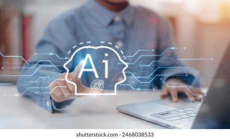 AI computing. Artificial Intelligence for big data analytics, Man working with Artificial Intelligence. using command prompt to generate something, Futuristic technology transformation.