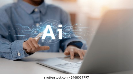 AI computing. Artificial Intelligence for big data analytics, Man working with Artificial Intelligence. using command prompt to generate something, Futuristic technology transformation.