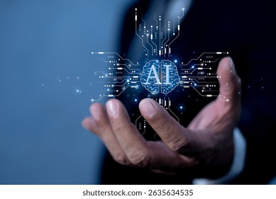 Ai, concept of artificial intelligence. Big data management, computer connection information intelligence technology, Automated robotic. AI deep learning to use generative AI for work support.