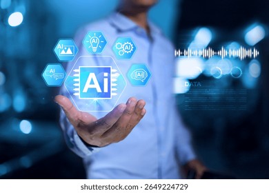AI concept with a man's hand holding artificial intelligence as digital interface to using for varius porpost for example picture generate, data processing, machine learning, automation