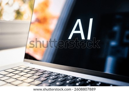 AI content with computer. Generate design, software code, image or text with artificial intelligence tool in laptop. Creative marketing generator and machine learning technology at work or home.